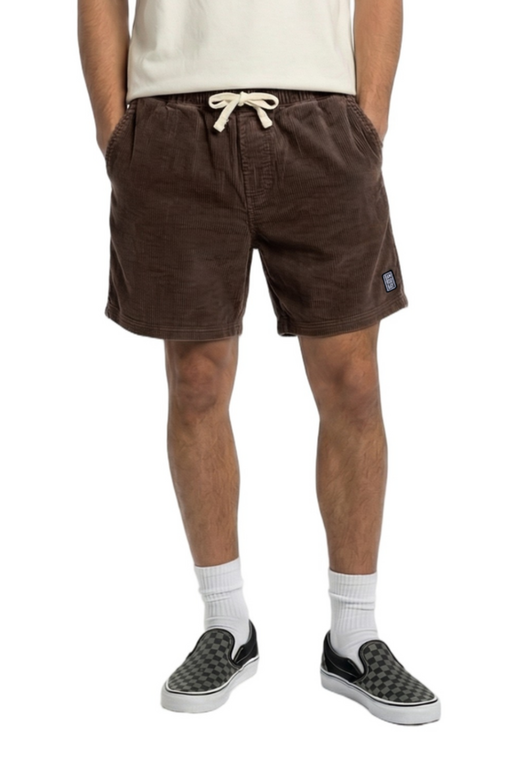 Person wearing brown cord shorts with a visible BamBooBay brand logo on a white background