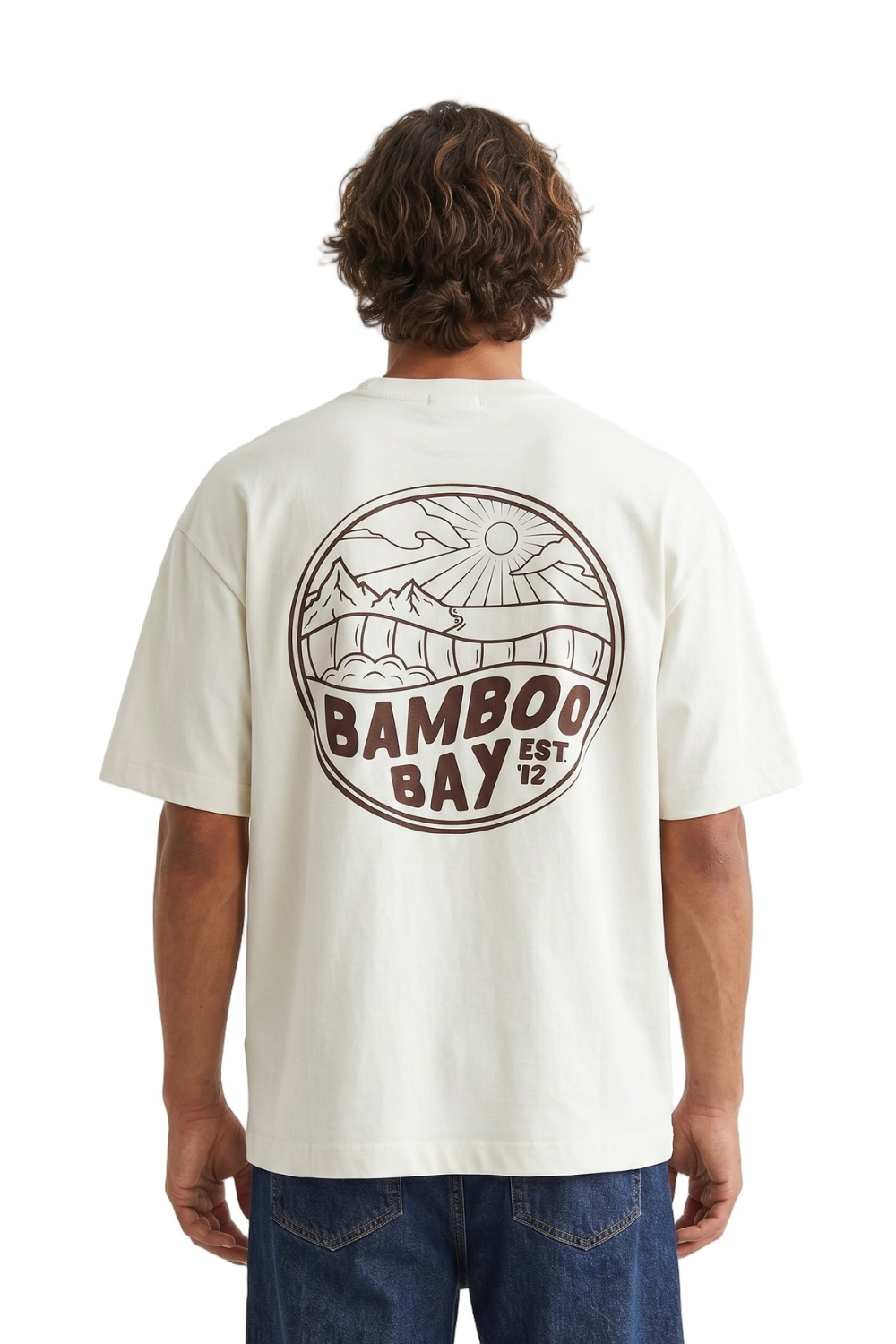 Person wearing a white t-shirt with 'Bamboo Bay' logo on the back, standing against a white background