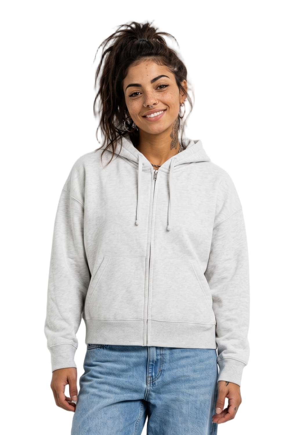 Woman wearing a gray hoodie on a white background