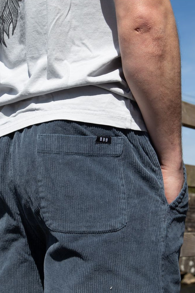 Bamboobay Navy Cord Shorts front behind showing back pocket 
